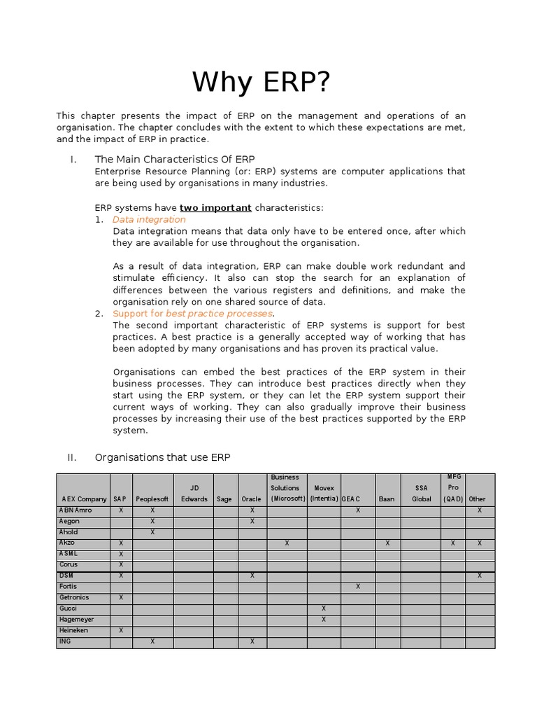 Key Characteristics of ERP Systems | PDF | Enterprise Resource Planning ...