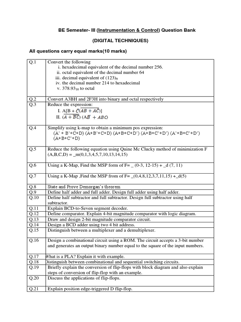 BE Semester-III (Instrumentation & Control) Question Bank (Digital ...