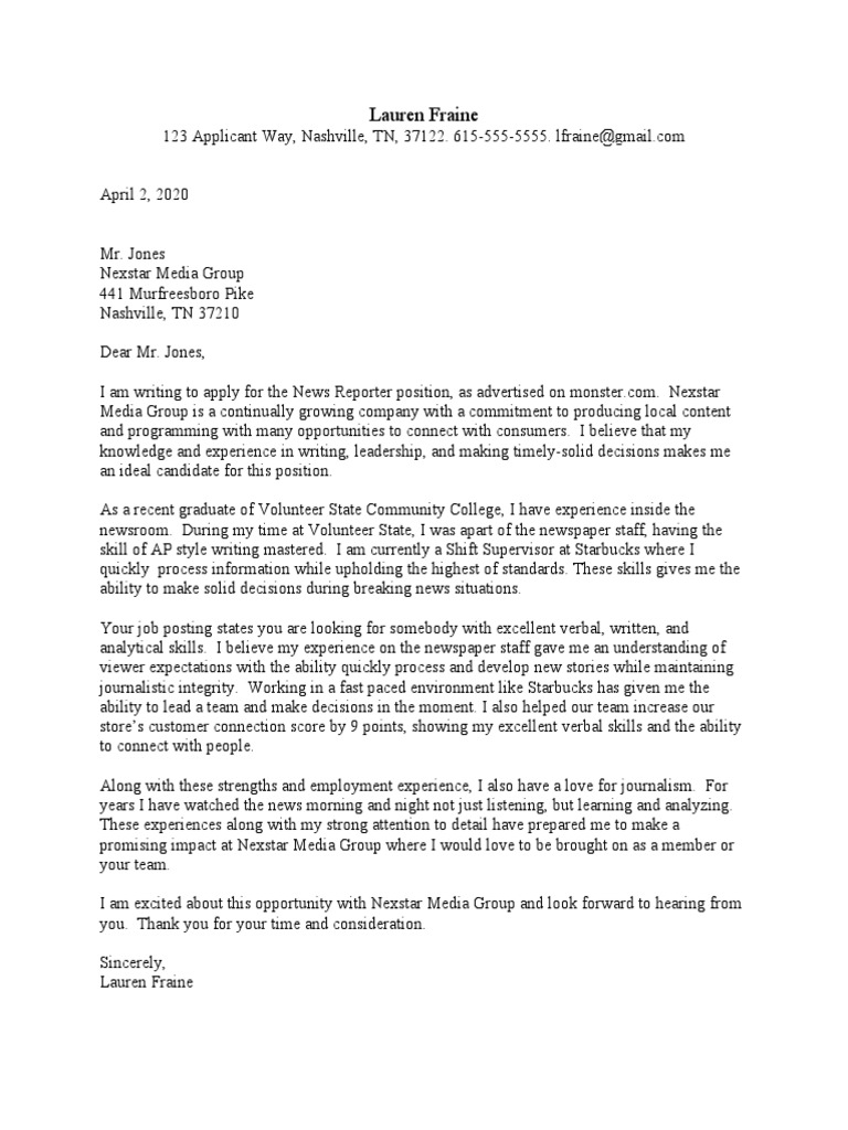 Reporter Cover Letter for Nexstar Media | PDF | Career & Growth ...
