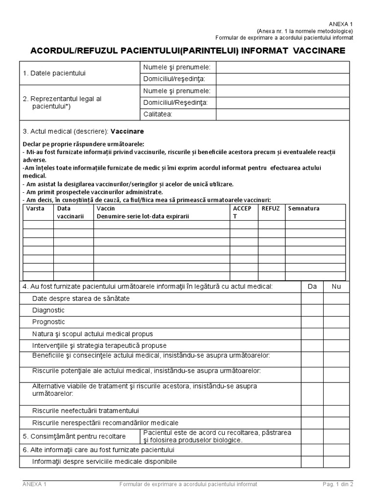 Acordul Pacientului Informat Vaccinare-Accept Si Refuz | PDF