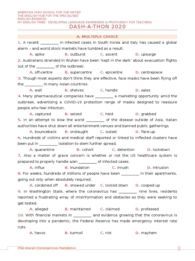 English Test DashAThon 2020 'The Novel Coronavirus Pandemic' PDF