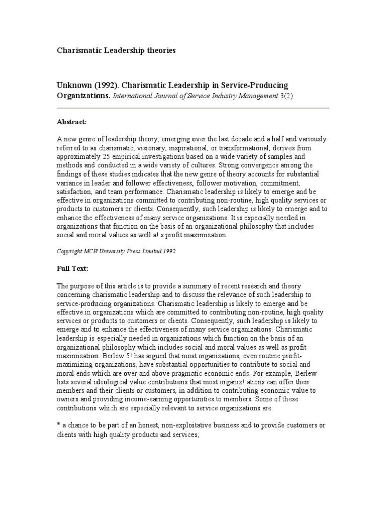 Charismatic Leadership Theories | PDF | Leadership | Motivation