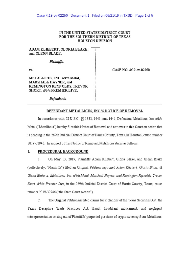 Metallicus Complaint PDF Diversity Jurisdiction Amount In Controversy