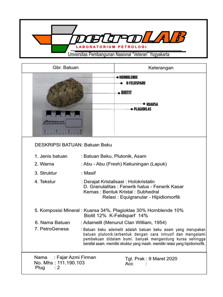 LEMBAR DESKRIP PETRO - Batuan Beku Adamelit | PDF