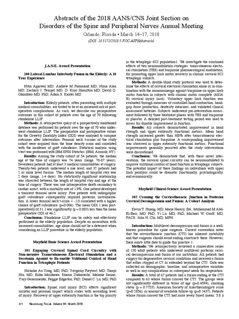 Abstracts of The 2018 AANS/CNS Joint Section On Disorders of The Spine ...