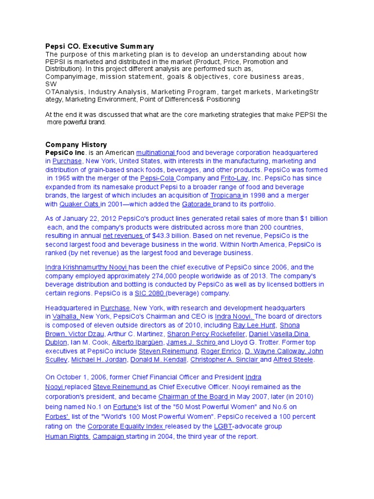 PepsiCo Marketing Strategy Overview | PDF | Pepsi Co | Coca Cola