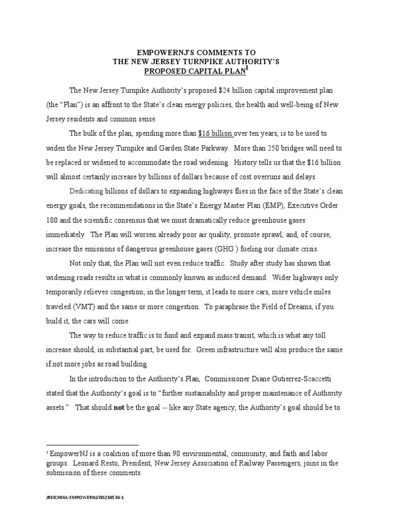 Empowernj’S Comments To The New Jersey Turnpike Authority’S Proposed