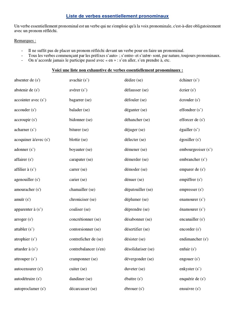 Les Verbes Pronominaux En Espagnol Liste de Verbes Essentiellement Pronominaux | PDF | Typologie linguistique  | Sémantique