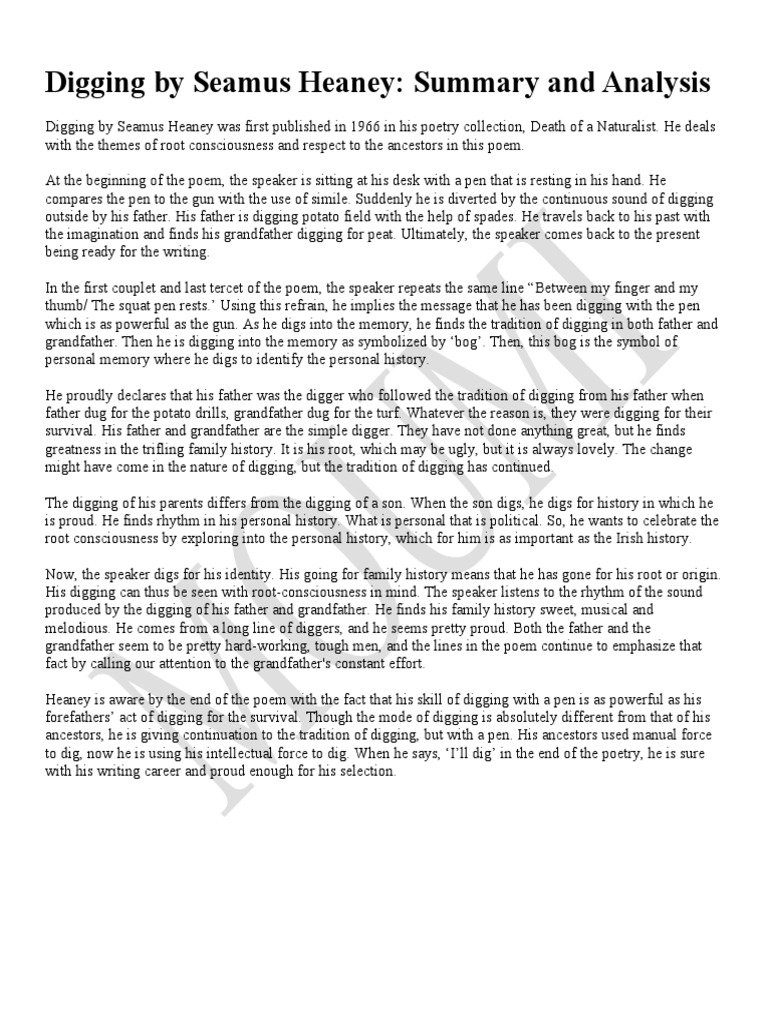 Digging by Seamus Heaney Summary and Analysis PDF