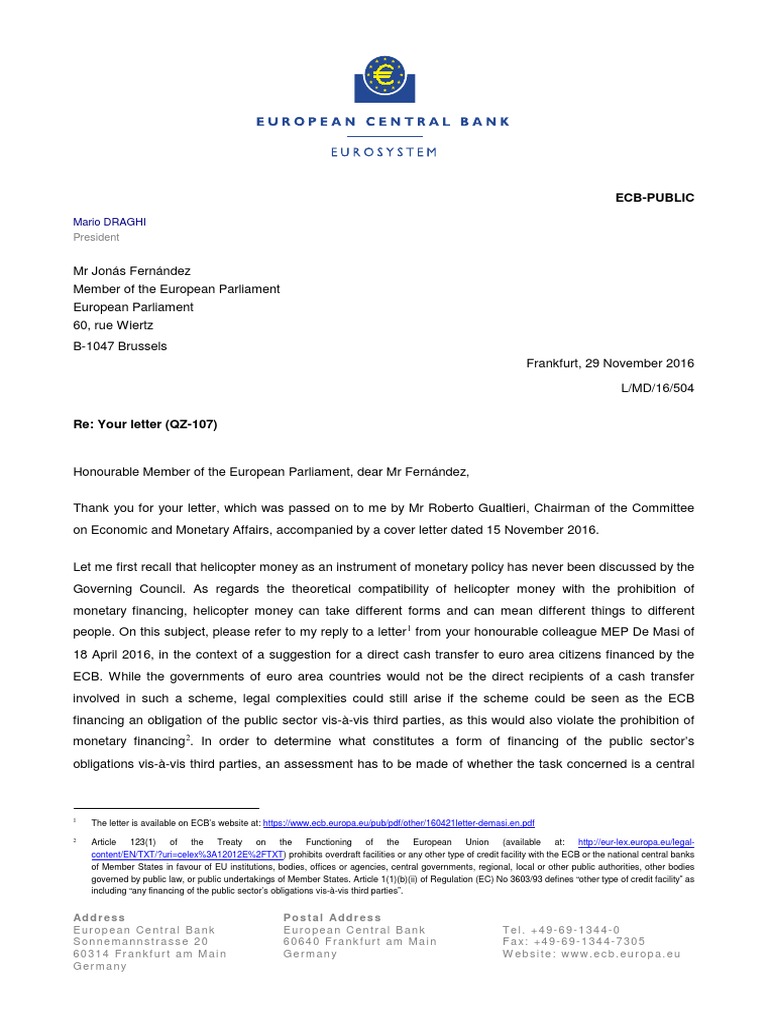 ECB Response on Helicopter Money Inquiry | PDF | Eurozone | Euro
