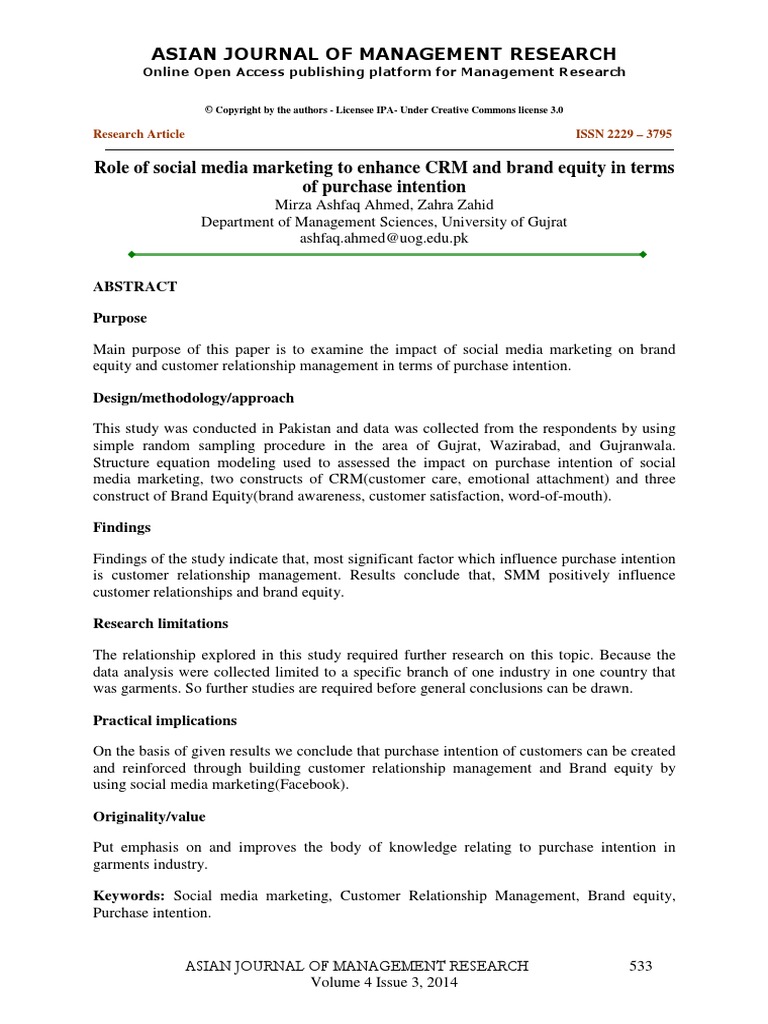 Role of Social Media Marketing To Enhance CRM and Brand Equity in Terms ...