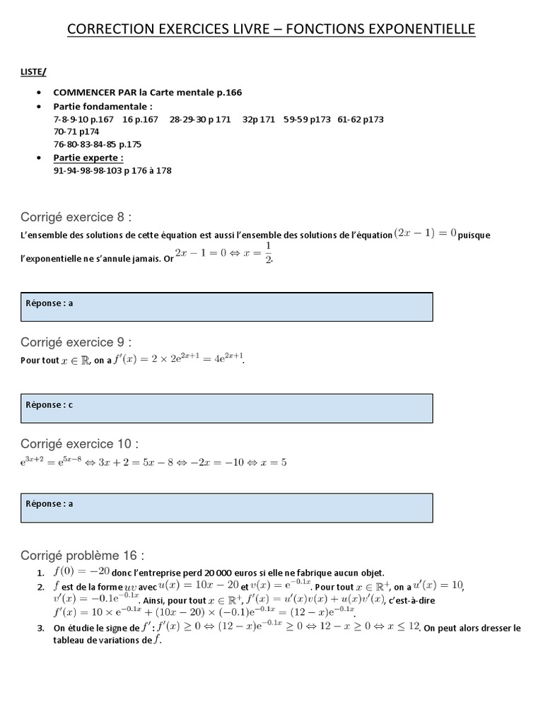 Fonction Exponentielle Exercices Et Problèmes Corrigés Pdf Choix Ex Livre Corriges PDF | PDF | Fonction exponentielle | Fonction  (Mathématiques)