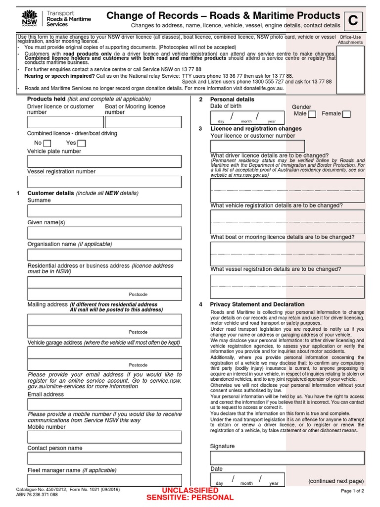 Change of Records for NSW Licences | PDF | Driver's License | Vehicles