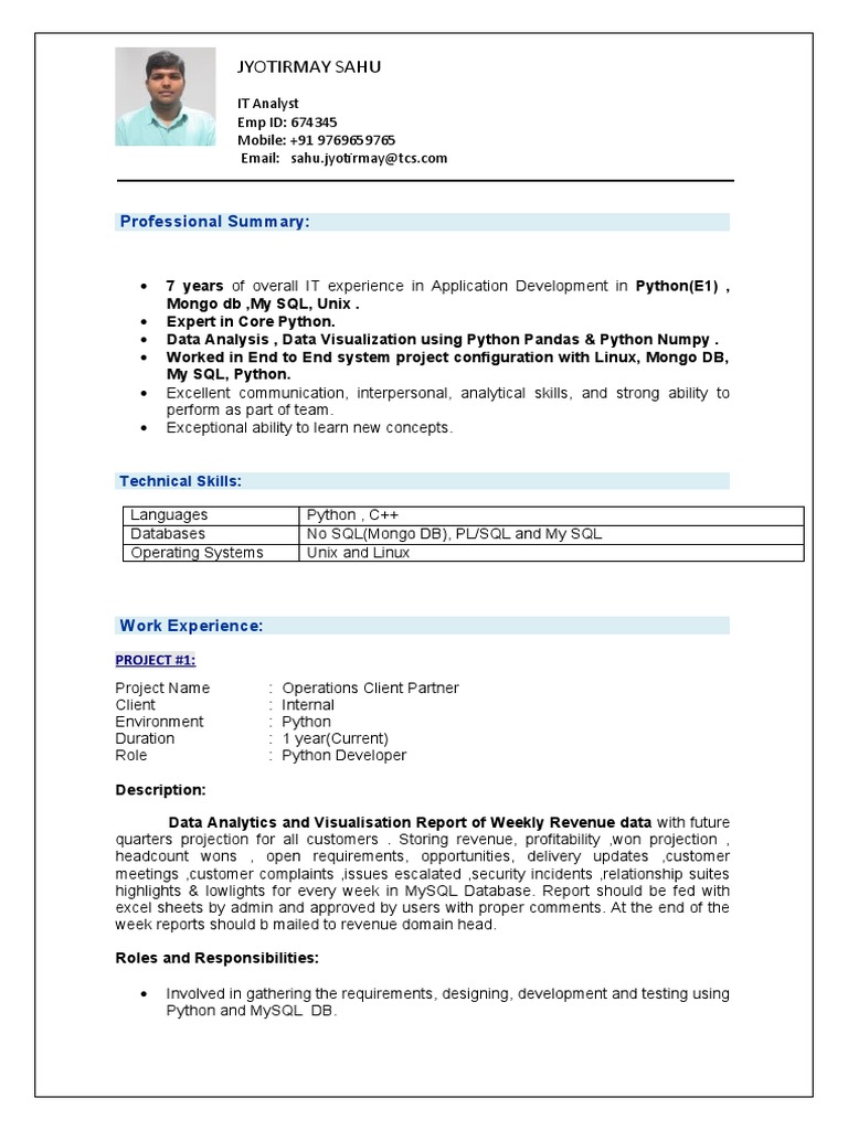 Jyotirmay Sahu Professional Summary PDF Point Of Sale Python (Programming Language)