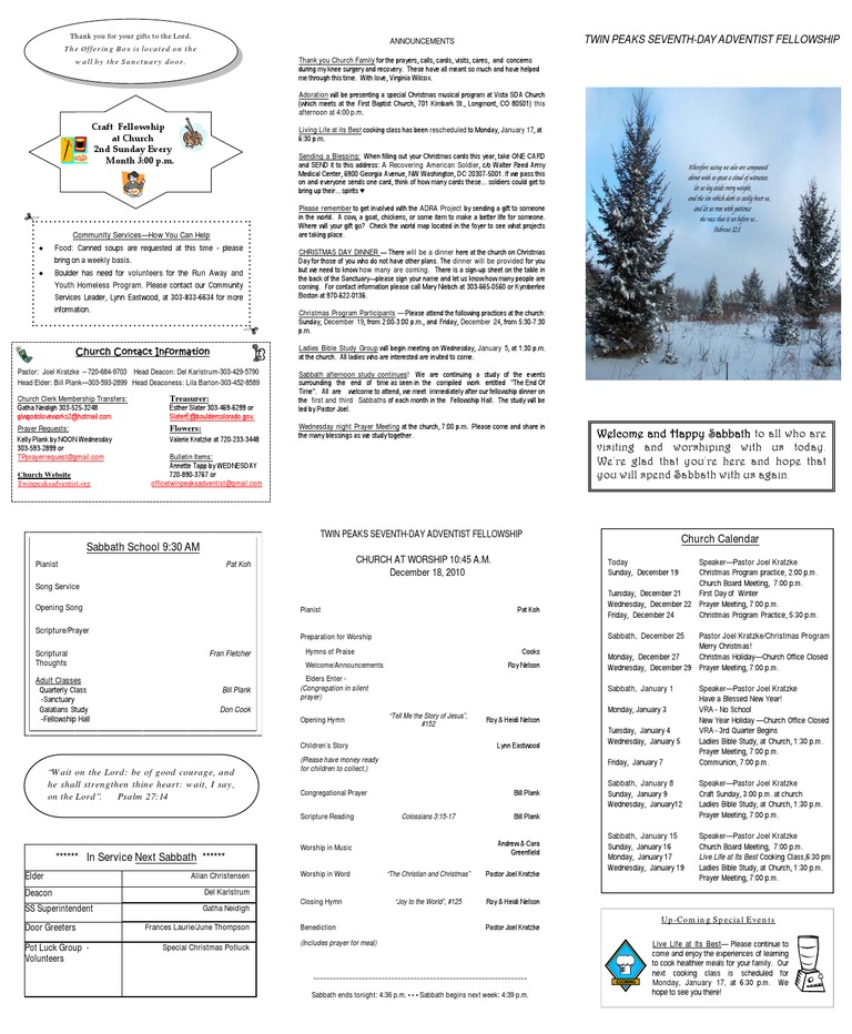 Twin Peaks SDA Fellowship Announcements | PDF | Hymns | Christmas