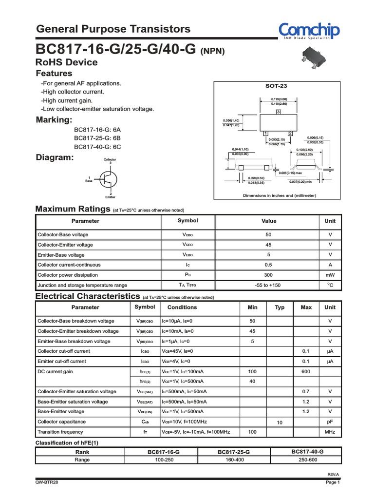BC817 NPN Transistor Specifications | PDF | Bipolar Junction Transistor ...