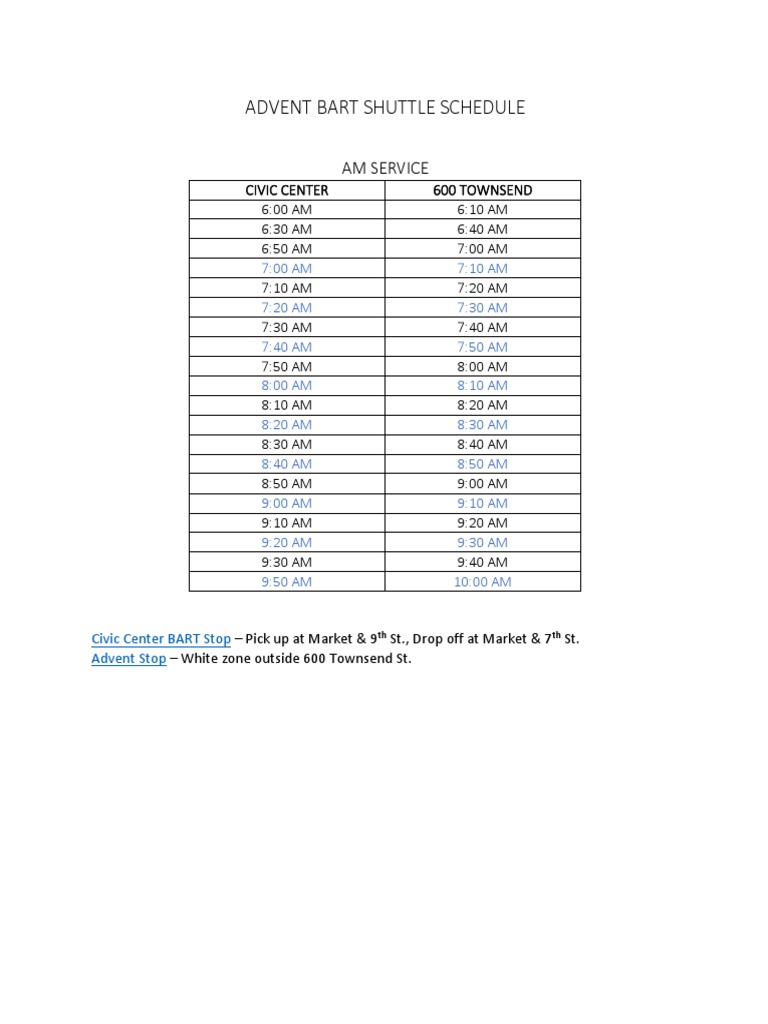 Advent Bart Shuttle Schedule: Am Service | Download Free PDF | Bay Area ...