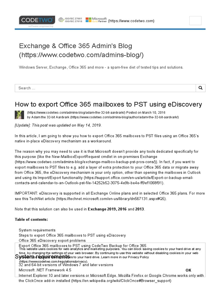 How To Export Office 365 Mailboxes To PST Using Ediscovery | PDF | Http  Cookie | Internet Privacy
