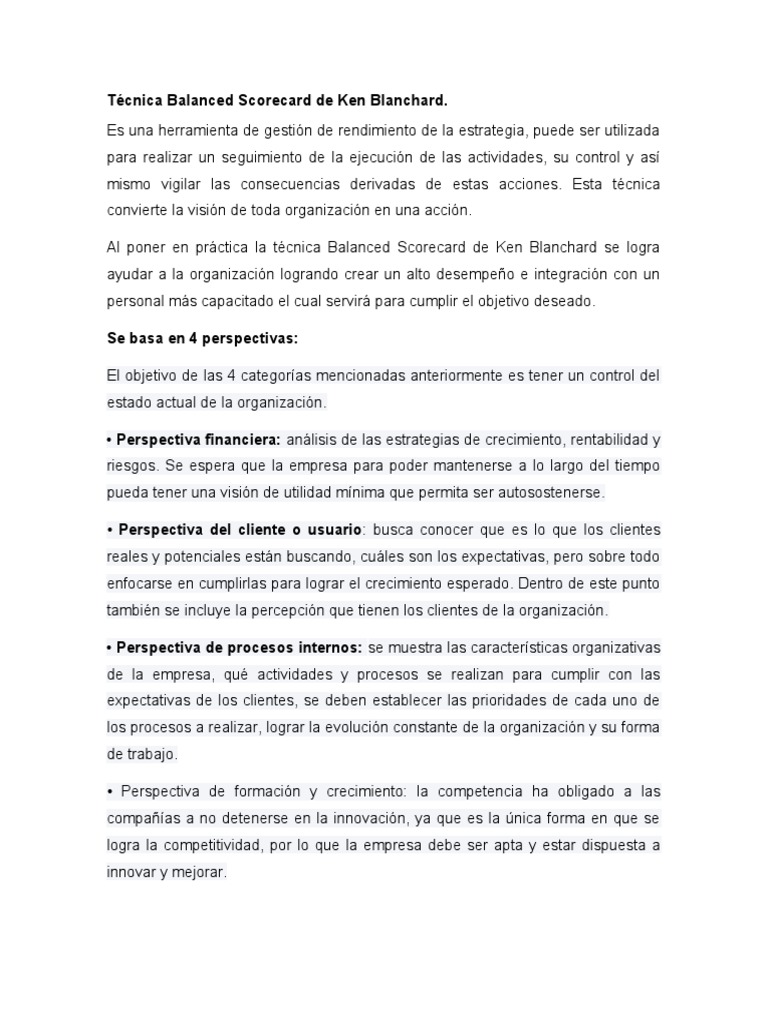Técnica Balanced Scorecard de Ken Blanchard | PDF | Business | Economias