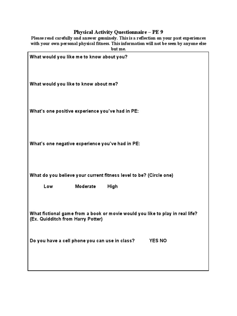 PE 9 Physical Activity Survey | PDF | Wellness | Science & Mathematics