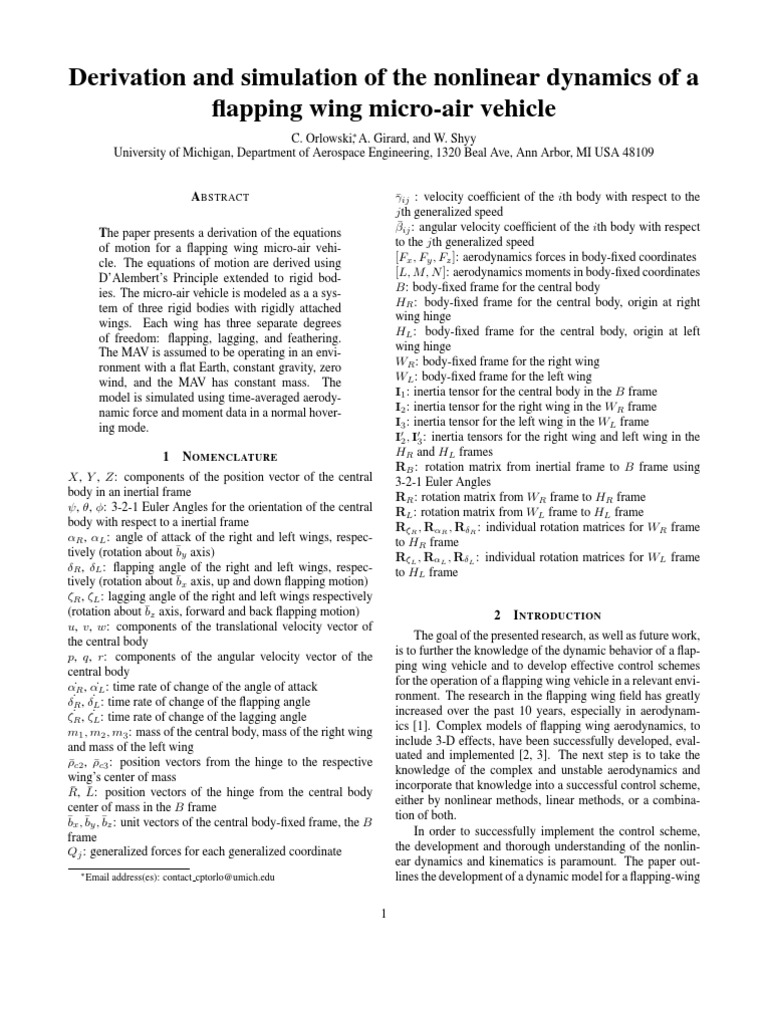 Derivation and Simulation of The Nonlinear Dynamics of A Flapping Wing ...