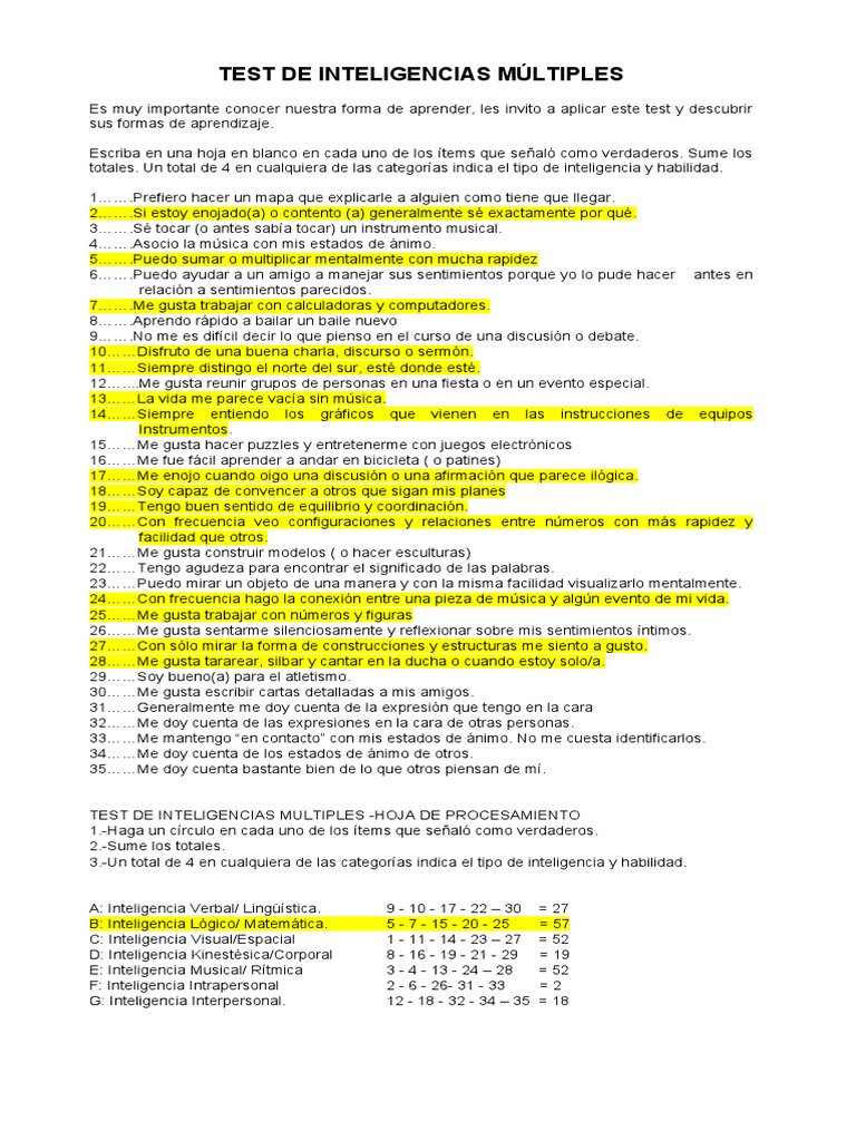 Test de Inteligencias Múltiples | PDF | Aprendizaje | Conceptos ...