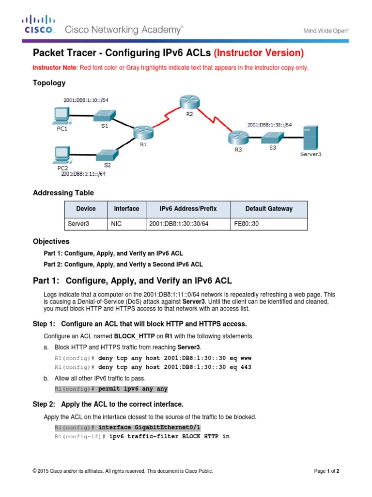 4.1.3.4 Packet Tracer - Configuring IPv6 ACLs PDF | PDF | I Pv6 ...