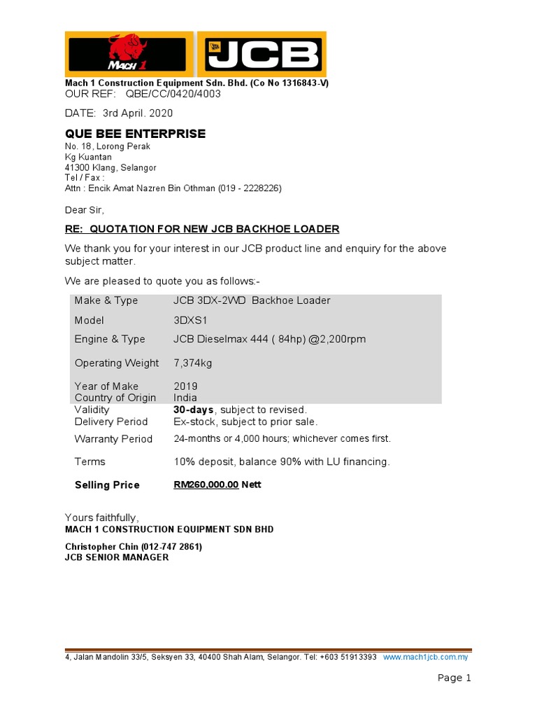 JCB Backhoe Loader Quotation 2020 | PDF