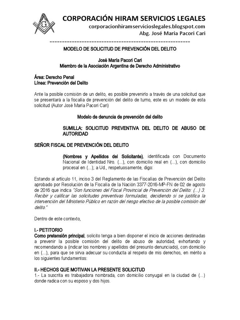 Modelo de Solicitud de Prevención del Delito | PDF | Prevención del ...