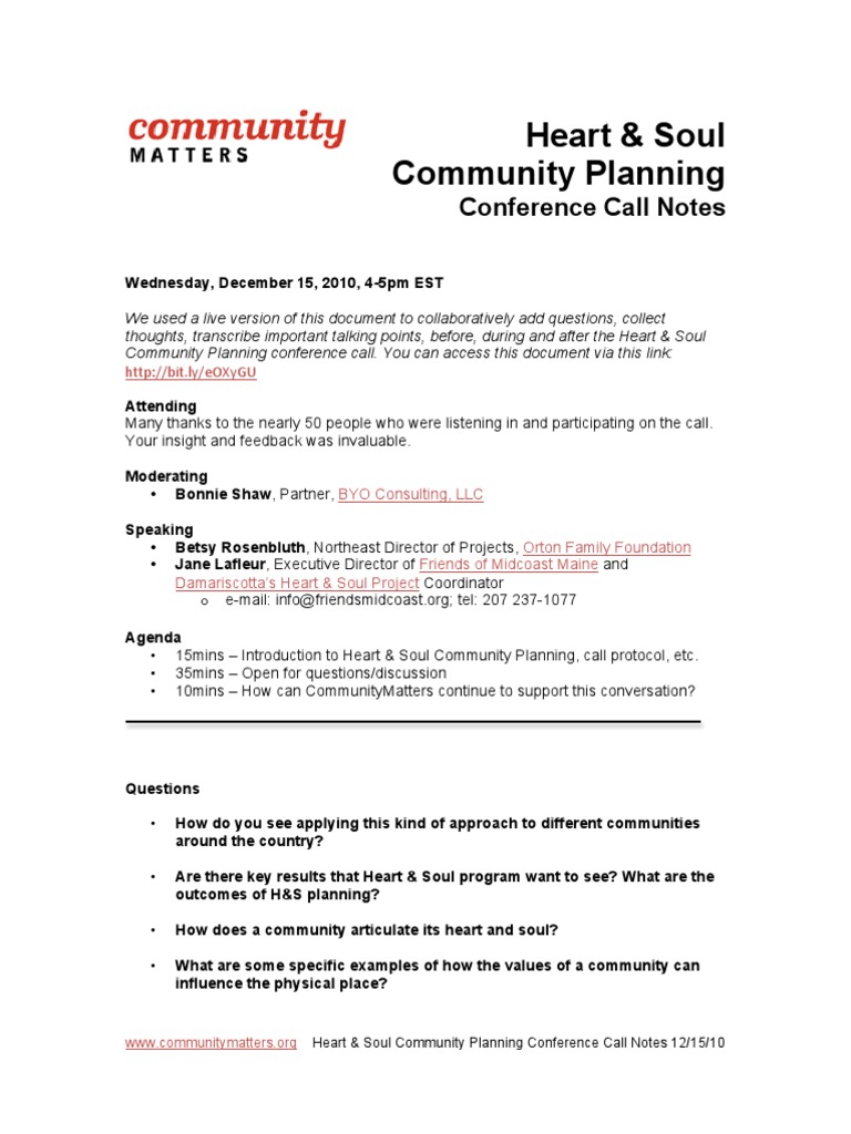 Heart & Soul Community Planning Call Notes | PDF | Community | Storytelling