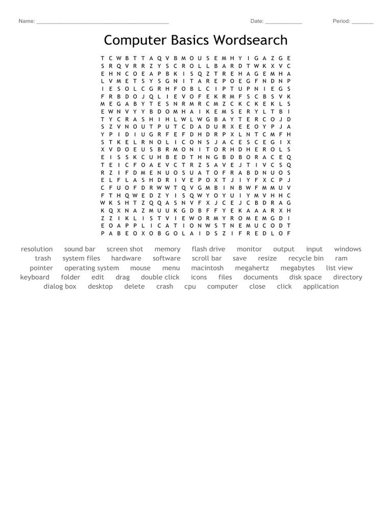 Computer Basics Wordsearch: Name: - Date: - Period | PDF | Office ...
