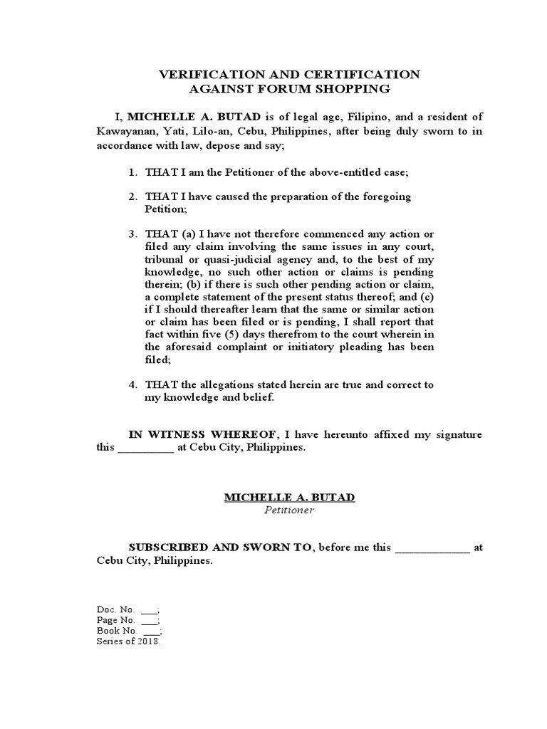 Certification of Non-Forum Shopping | PDF