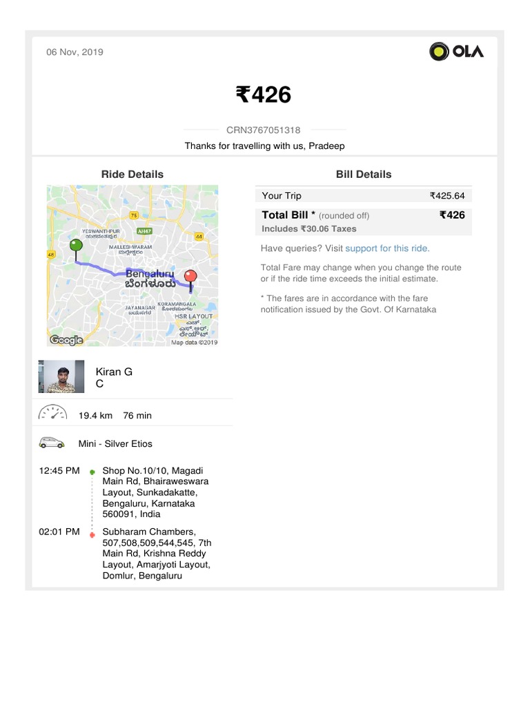 OLA Bill PDF Invoice Payments