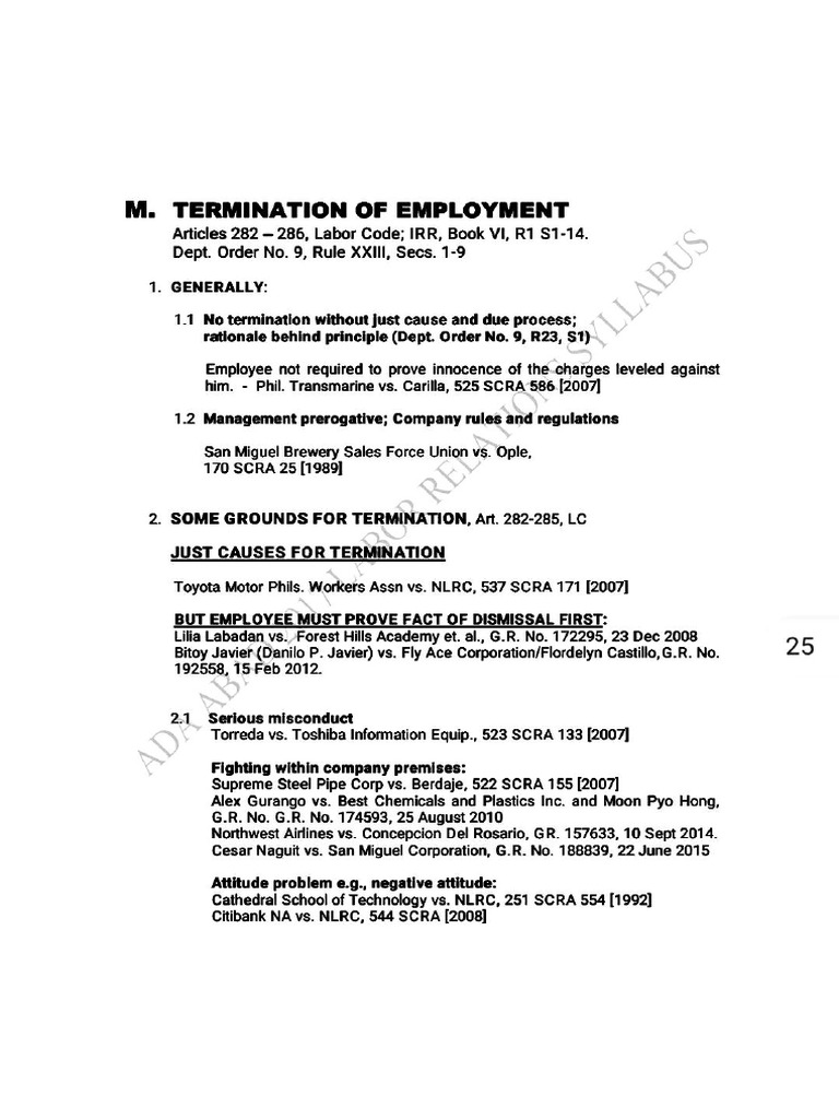 Termination of Employment List of Cases | PDF