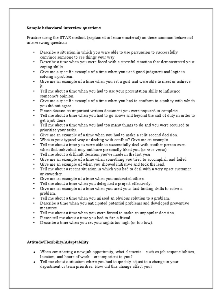 Sample Behavioral Interview Questions | PDF | Social Psychology ...
