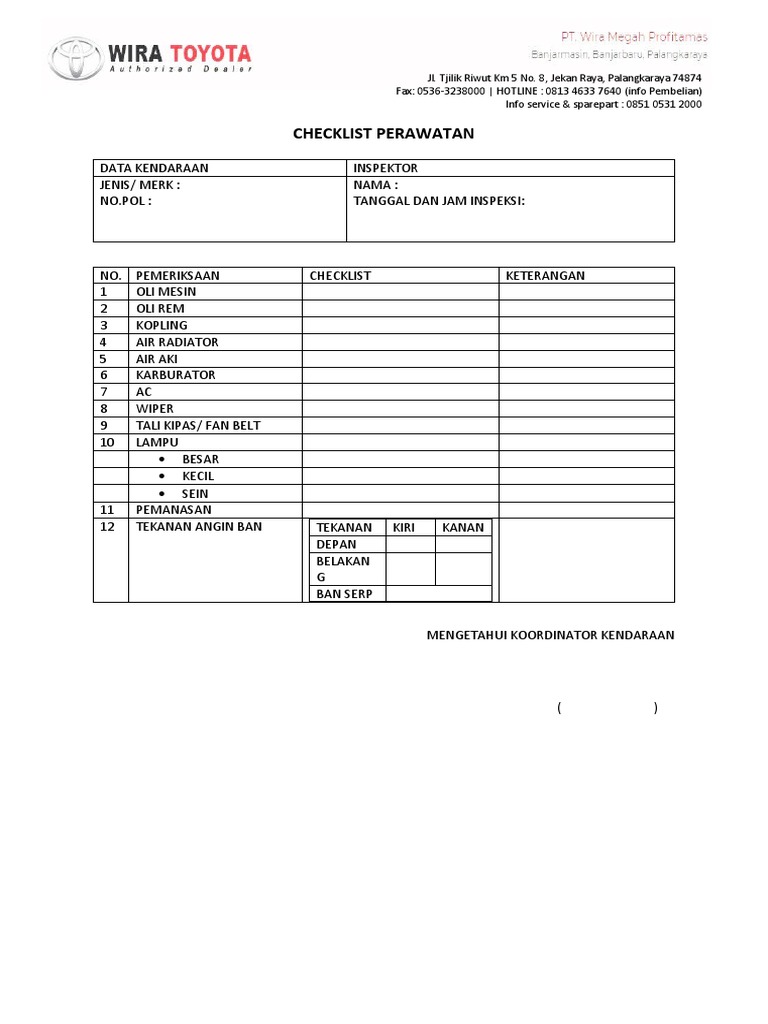 Checklist Perawatan Mobil Toyota | PDF