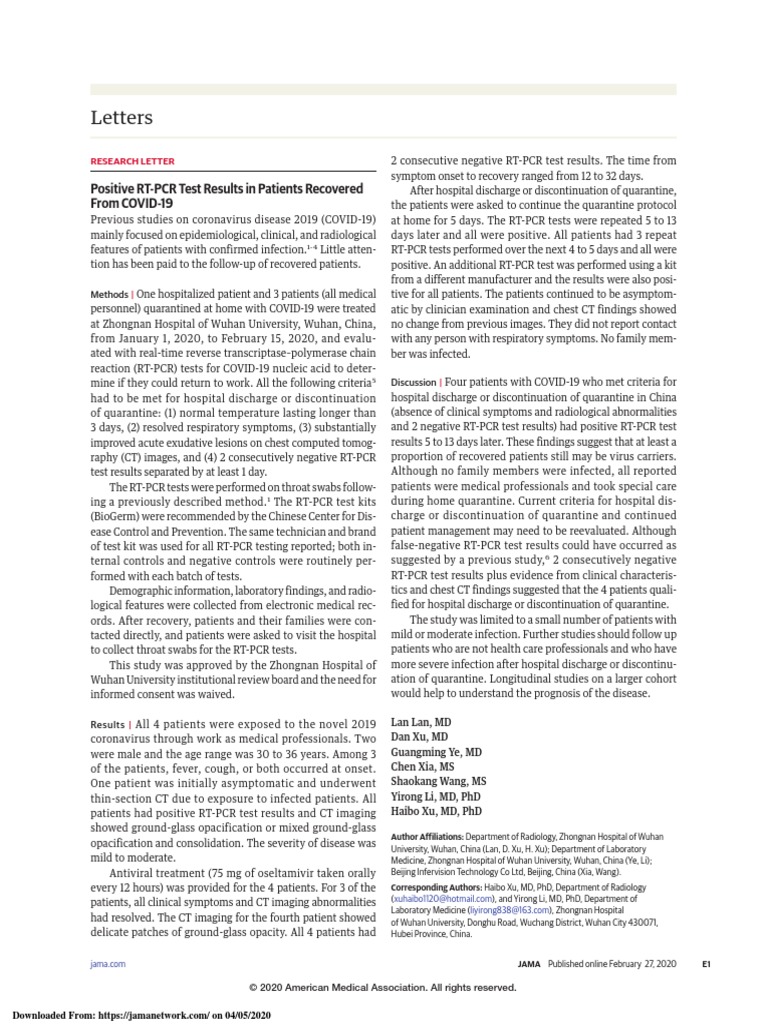 Letters: Positive RT-PCR Test Results in Patients Recovered From COVID ...