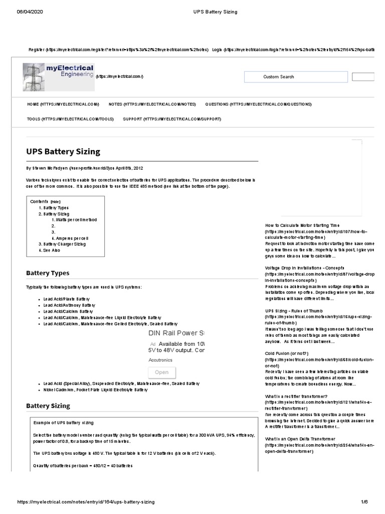 UPS Battery Sizing PDF Battery Charger Transformer