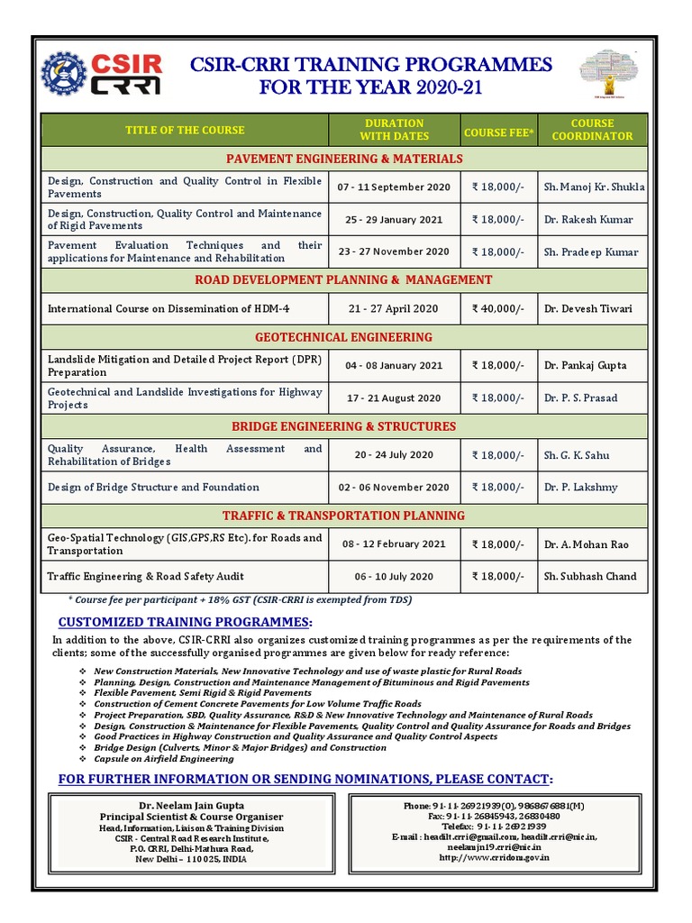 CSIR-CRRI 2020-21 Training Courses | PDF | Road | Road Surface