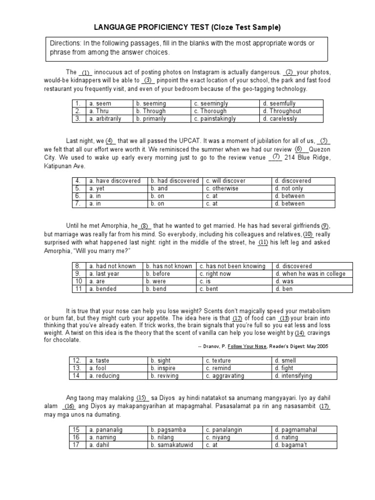 Language Proficiency Test (Cloze Test Sample) | PDF | Nature