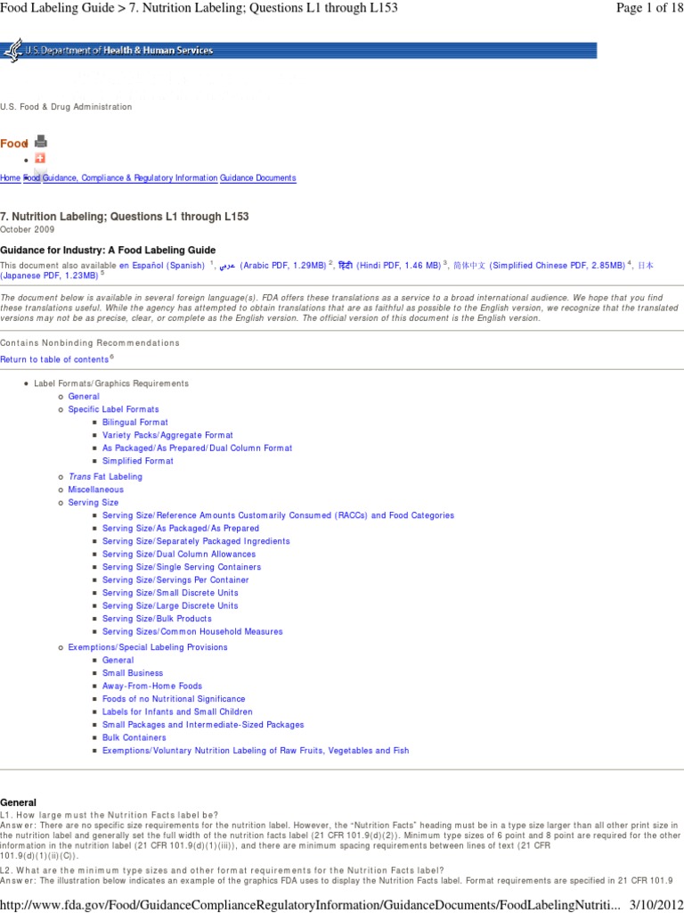 Nutrition Labeling Questions L1 Through L153 Guidance For Industry A