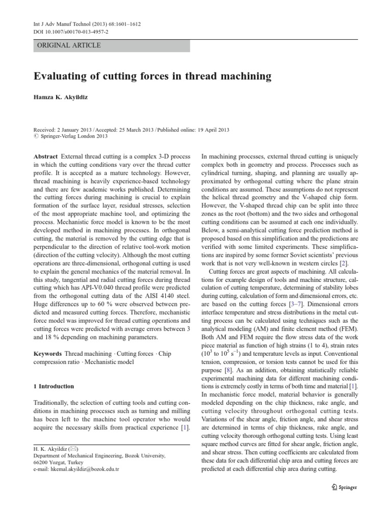 Cutting Forces in Thread Machining Analysis | PDF | Force | Stress ...