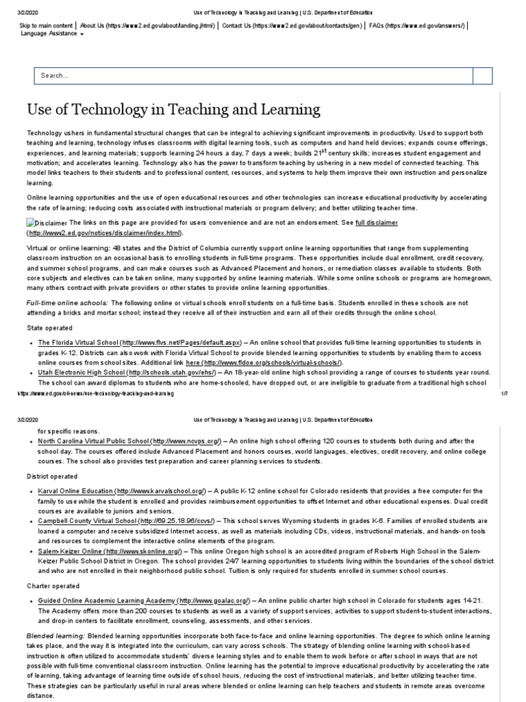 Use of Technology in Teaching and Learning - U.S. Department of ...