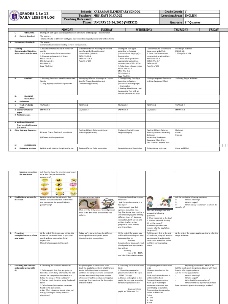 Grade 5 Daily Lesson Log: Week 2 | PDF | Reading Comprehension ...