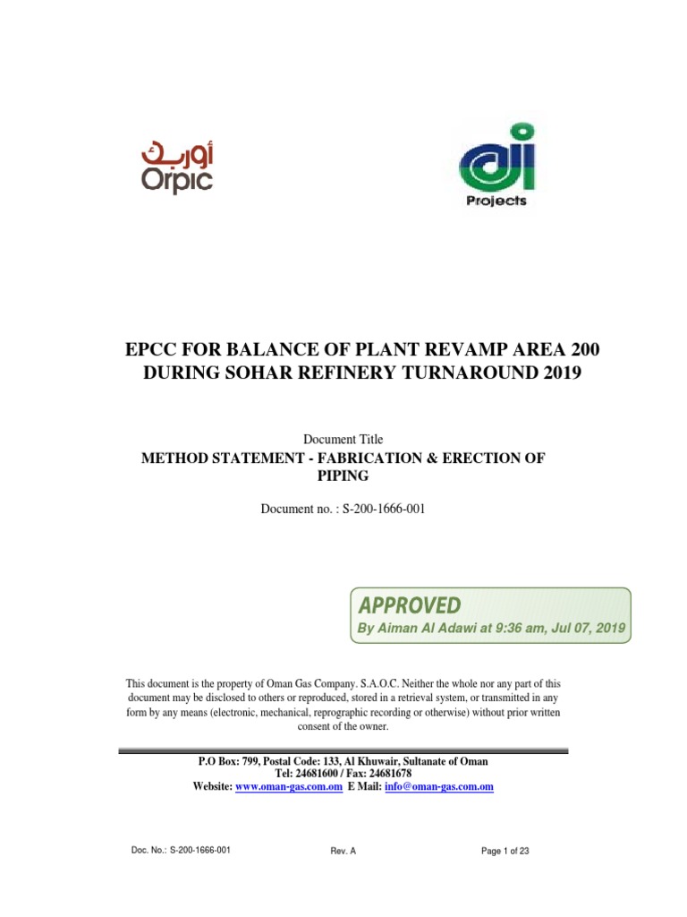 Piping Fabrication Method Statement | PDF | Pipe (Fluid Conveyance ...