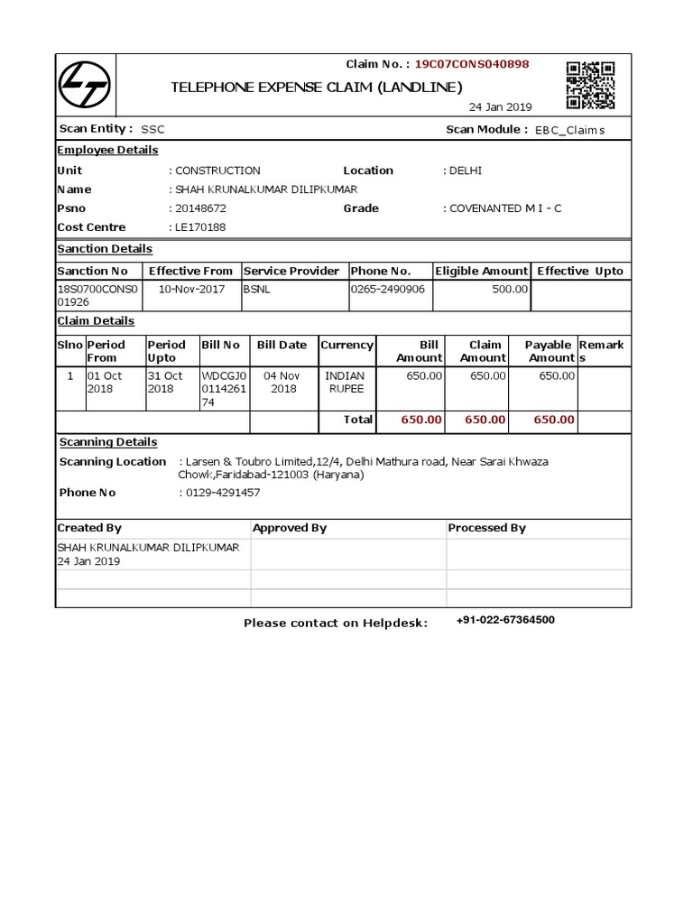 Telephone Expense Claim (Landline) : 19C07CONS040898 | PDF | Telephony ...