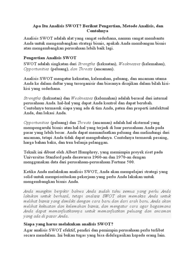 Apa Itu Analisis Swot Berikut Pengertian Metode Analisis Dan Contohnya