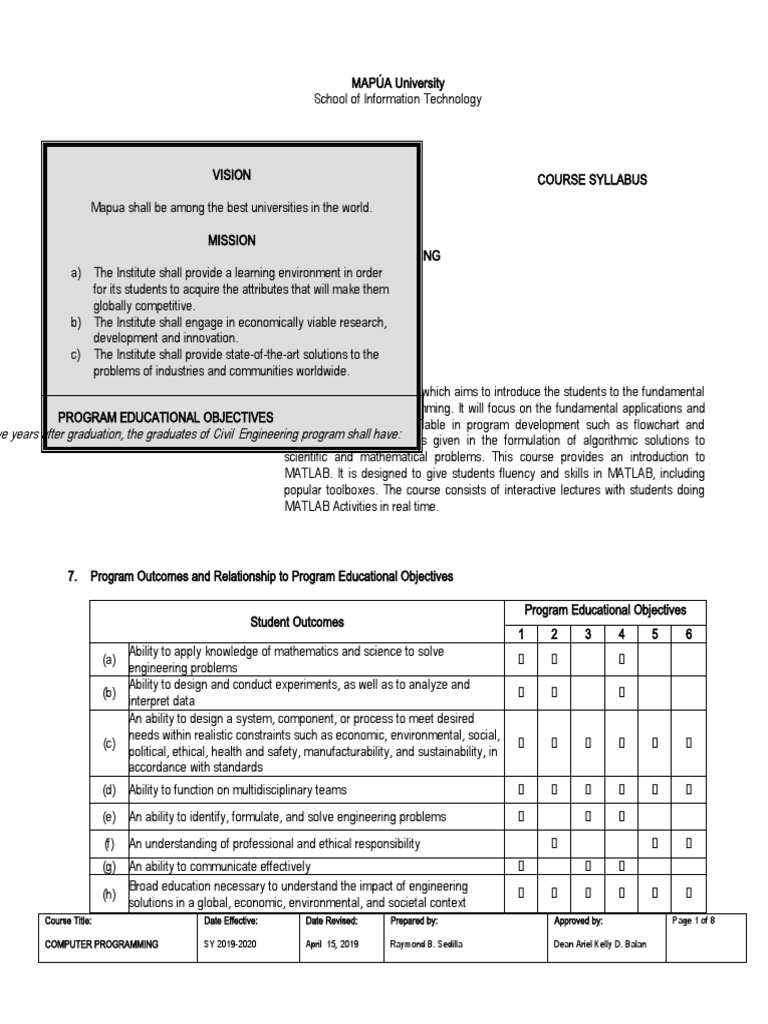 MAPUA COMPUTER PROGRAMMING SYLLABUS | PDF | Control Flow | Engineering