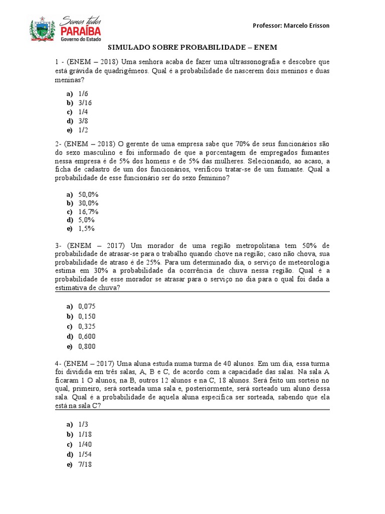 Simulado Sobre Probabilidade - Enem | PDF | Probabilidade | Escolas