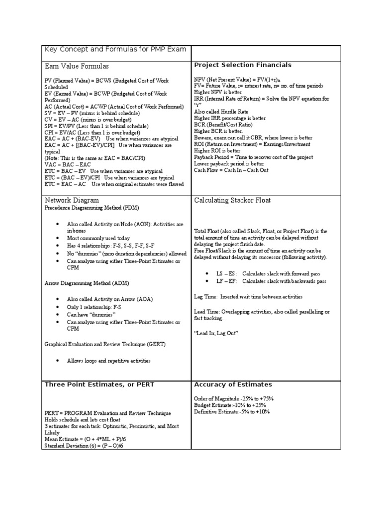 PMP Exam Key Formulas and Concepts | PDF | Economies | Investing